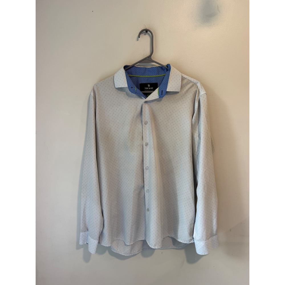 Tom Baine Performance Slim Fit Shirt Mens Large 16-16.5 White Blue Micro Print